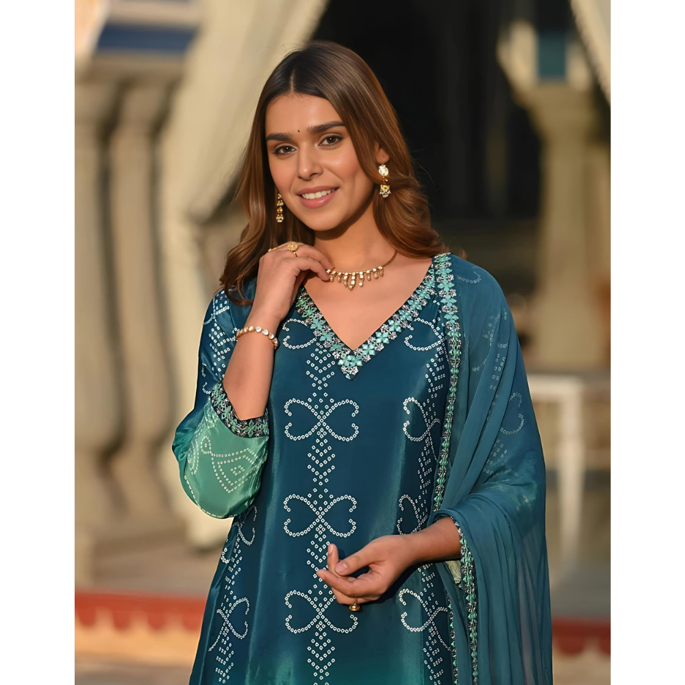 Ombre Pure Crepe Bandhani Suit Set for Women's (Pack of 1)