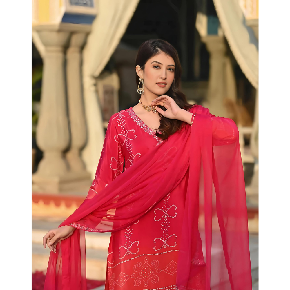 Ombre Pure Crepe Bandhani Suit Set for Women's (Pack of 1)