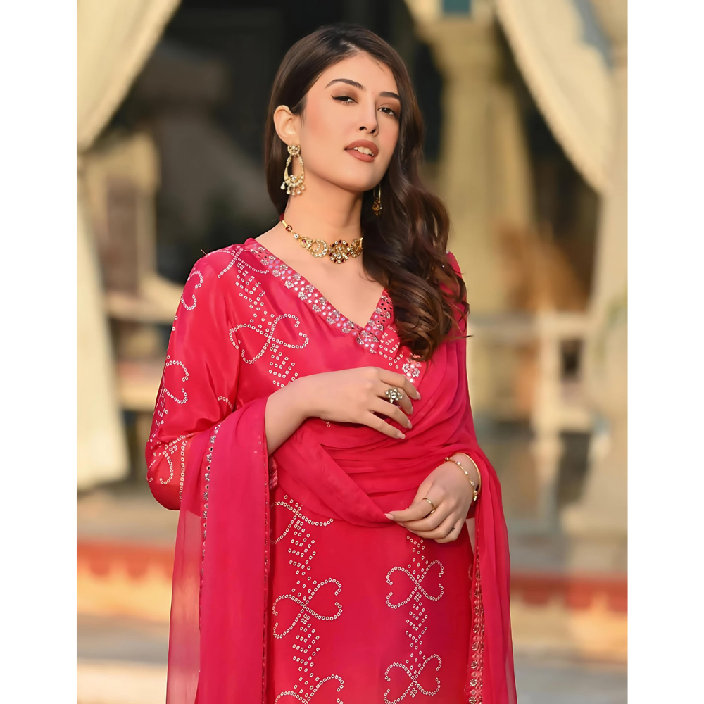 Ombre Pure Crepe Bandhani Suit Set for Women's (Pack of 1)