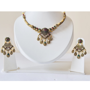 Antique Gold Color Finish Necklace Set with Earrings for Women (Pack of 1)