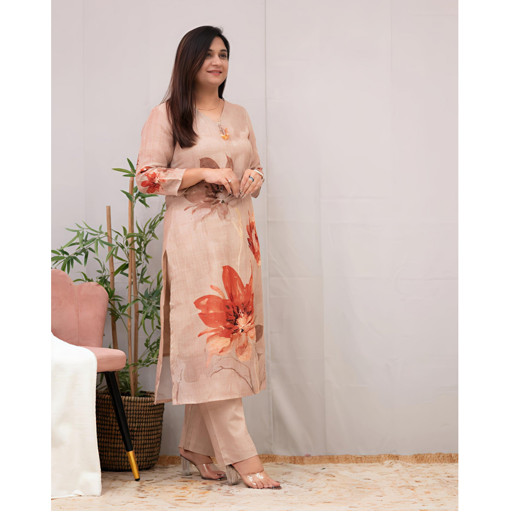 Women's Chanderi Cotton Straight Printed Kurta with Pant