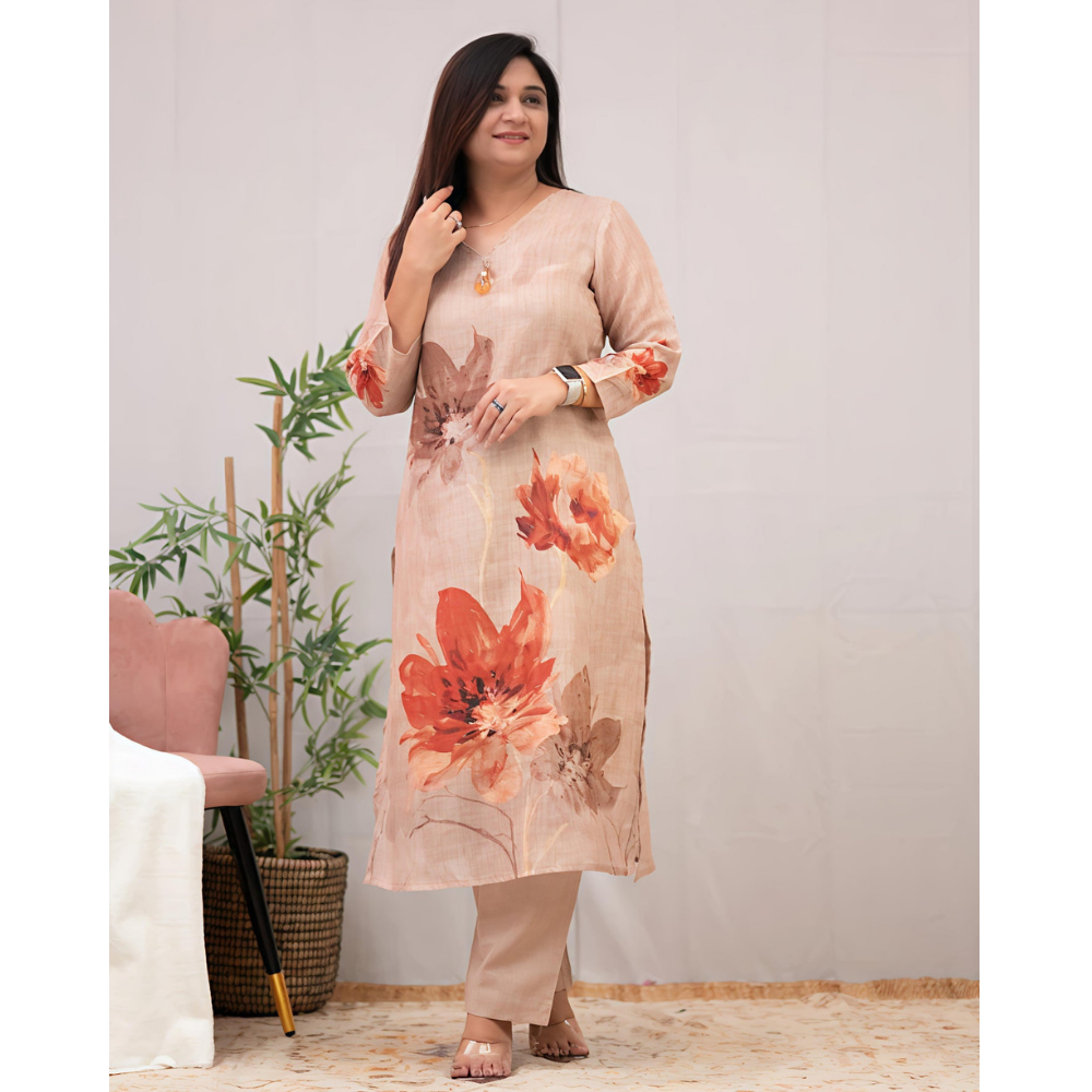 Women's Chanderi Cotton Straight Printed Kurta with Pant