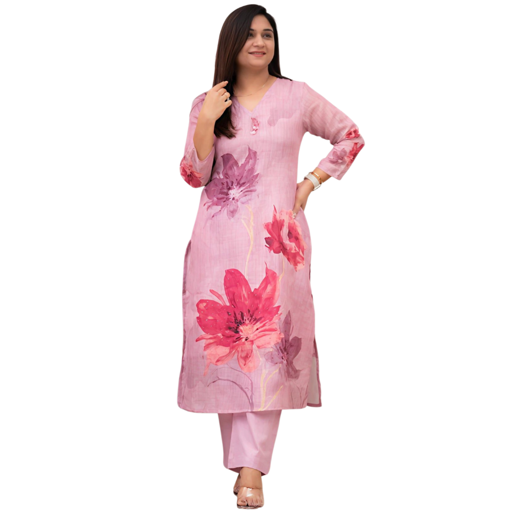 Women's Chanderi Cotton Straight Printed Kurta with Pant