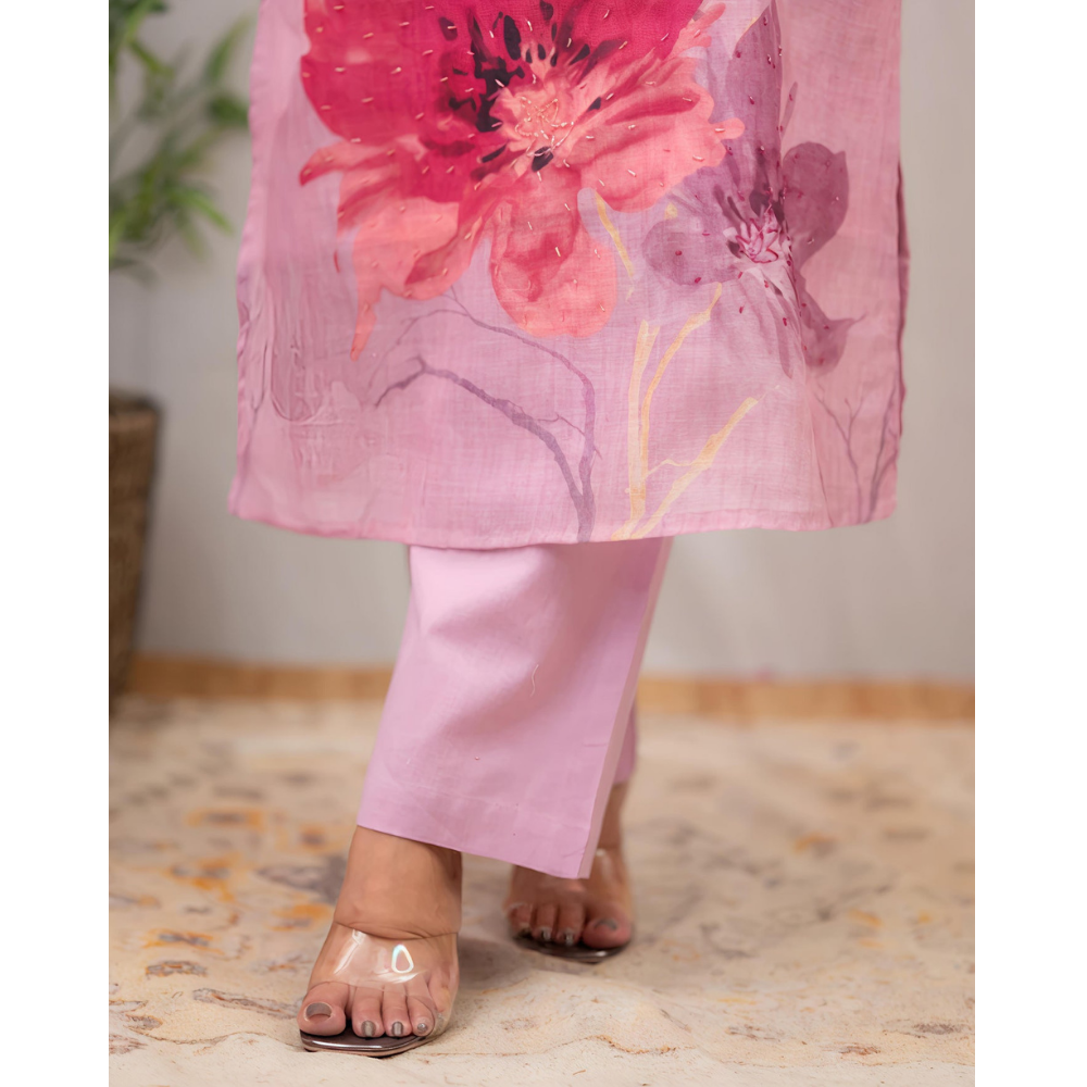 Women's Chanderi Cotton Straight Printed Kurta with Pant