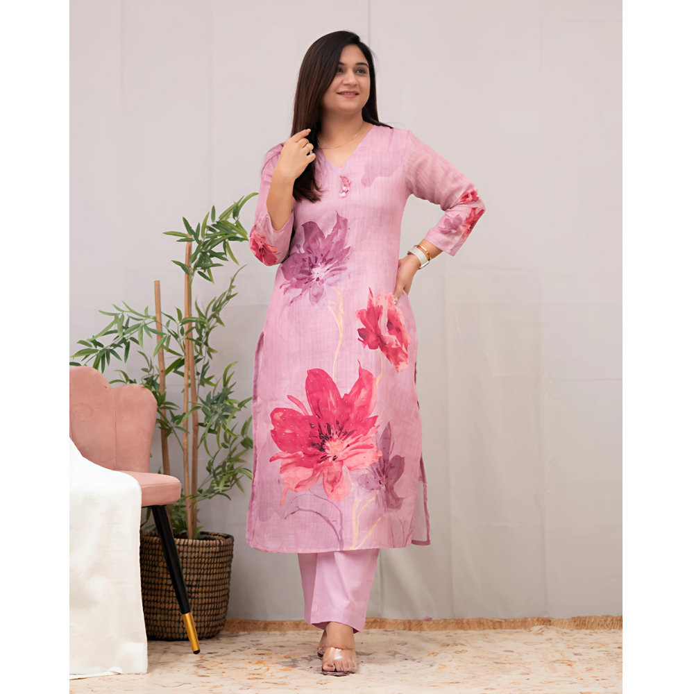 Women's Chanderi Cotton Straight Printed Kurta with Pant