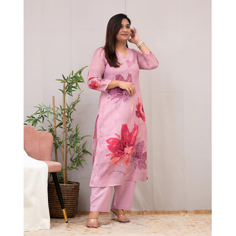 Women's Chanderi Cotton Straight Printed Kurta with Pant
