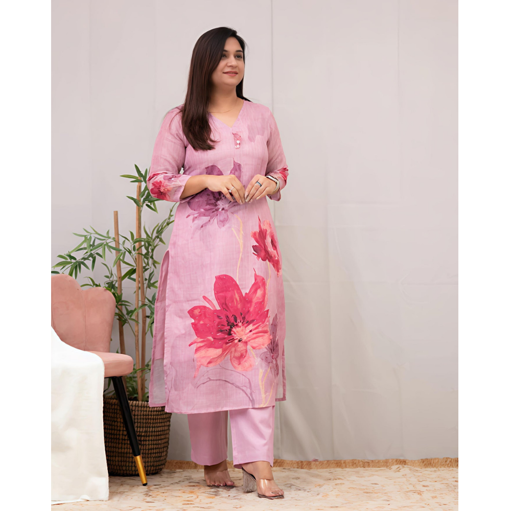 Women's Chanderi Cotton Straight Printed Kurta with Pant