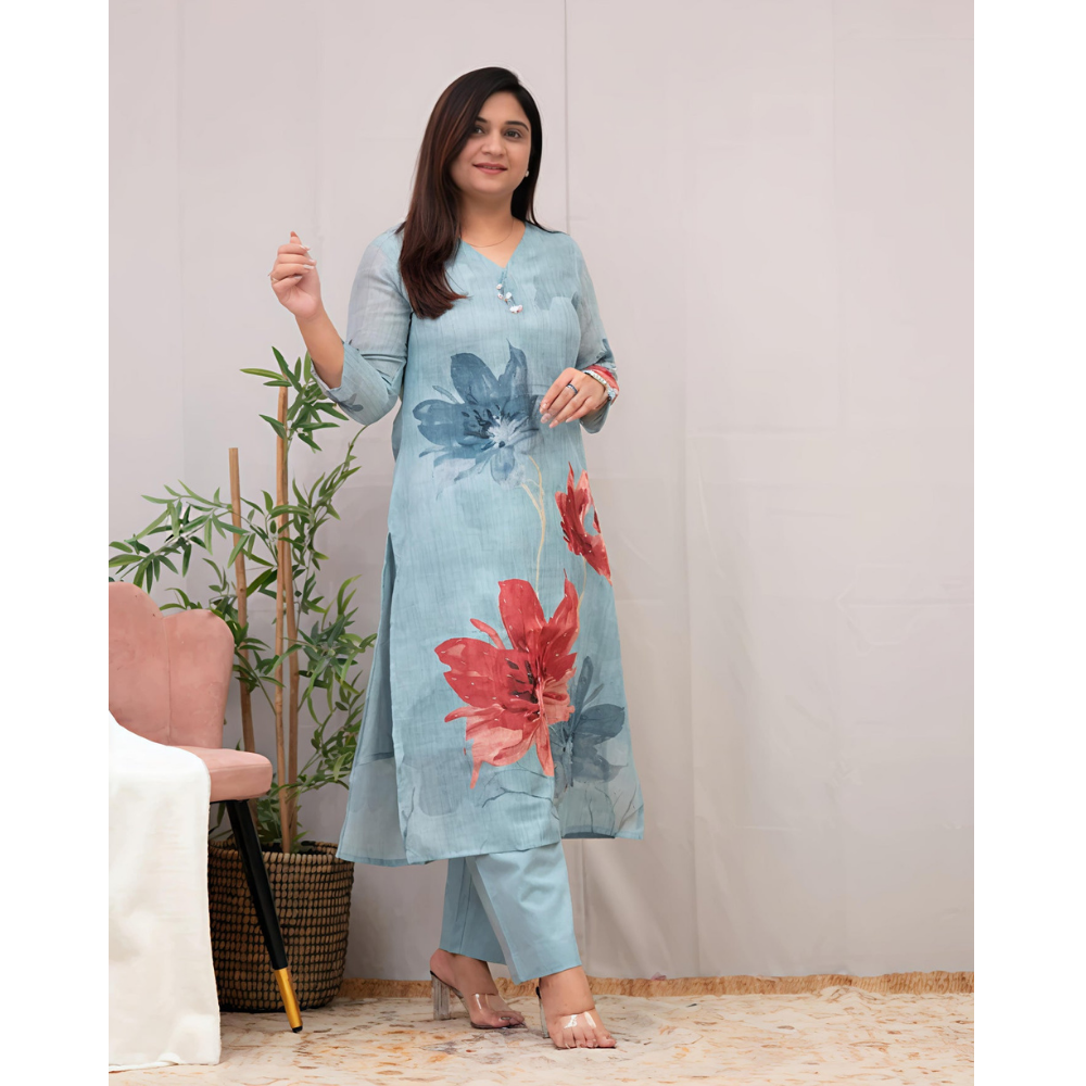 Women's Chanderi Cotton Straight Printed Kurta with Pant