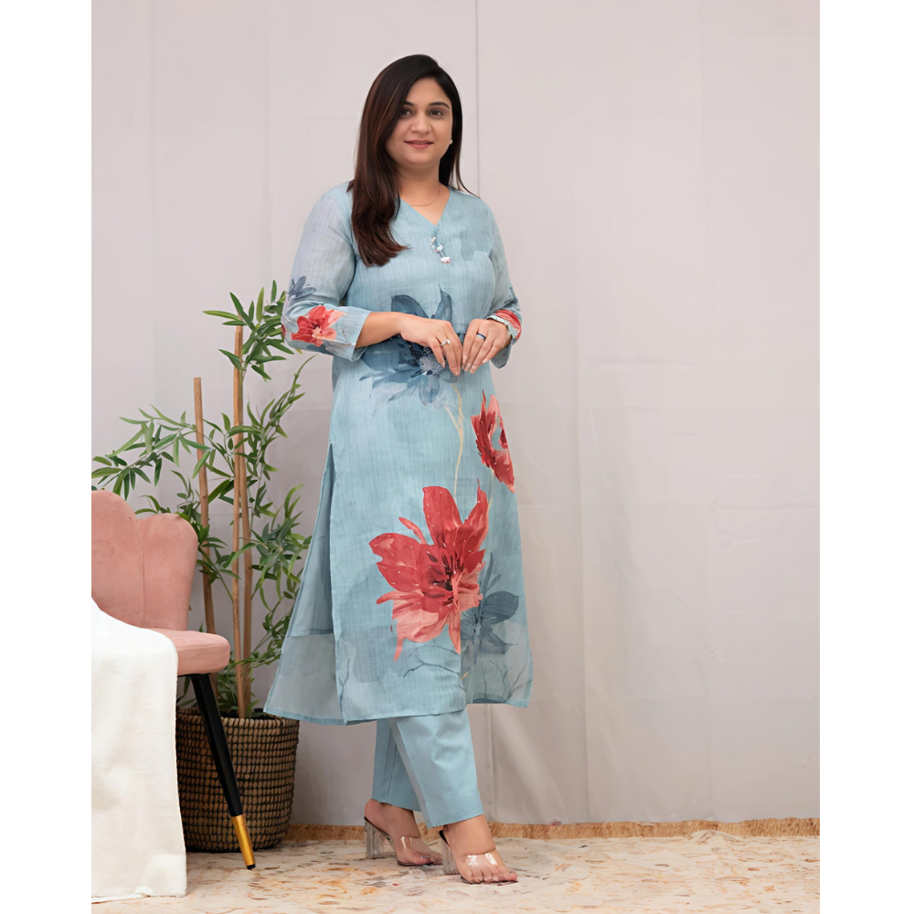 Women's Chanderi Cotton Straight Printed Kurta with Pant