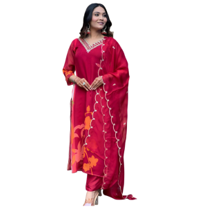 Women's Cotton Blend Straight Printed Kurta with Pant & Dupatta (Pack of 1)