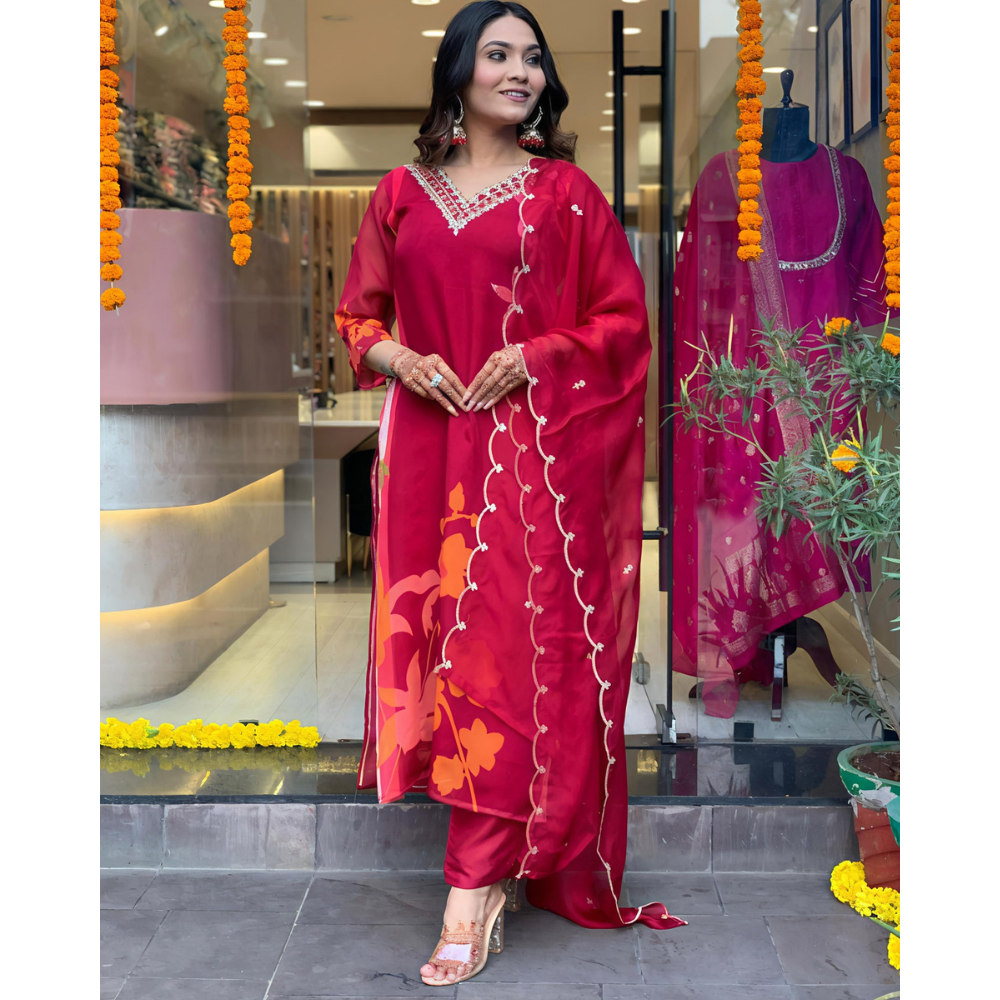 Women's Cotton Blend Straight Printed Kurta with Pant & Dupatta (Pack of 1)