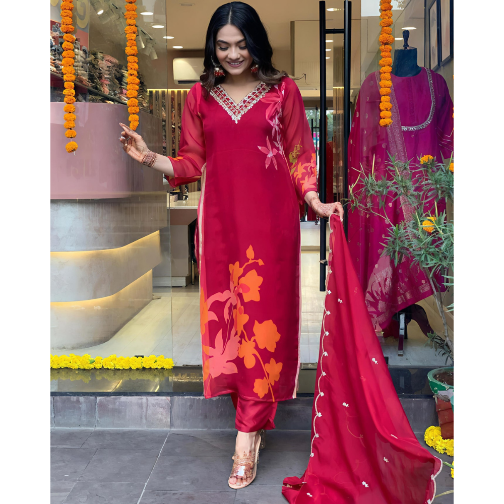 Women's Cotton Blend Straight Printed Kurta with Pant & Dupatta (Pack of 1)