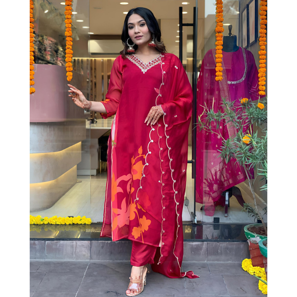 Women's Cotton Blend Straight Printed Kurta with Pant & Dupatta (Pack of 1)