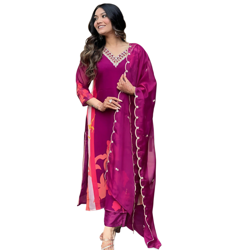 Women's Cotton Blend Straight Printed Kurta with Pant & Dupatta (Pack of 1)