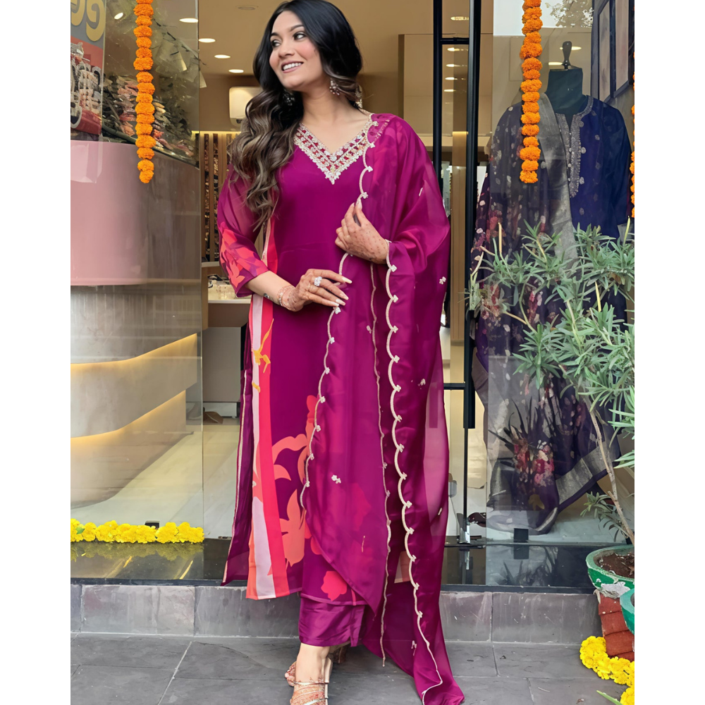 Women's Cotton Blend Straight Printed Kurta with Pant & Dupatta (Pack of 1)