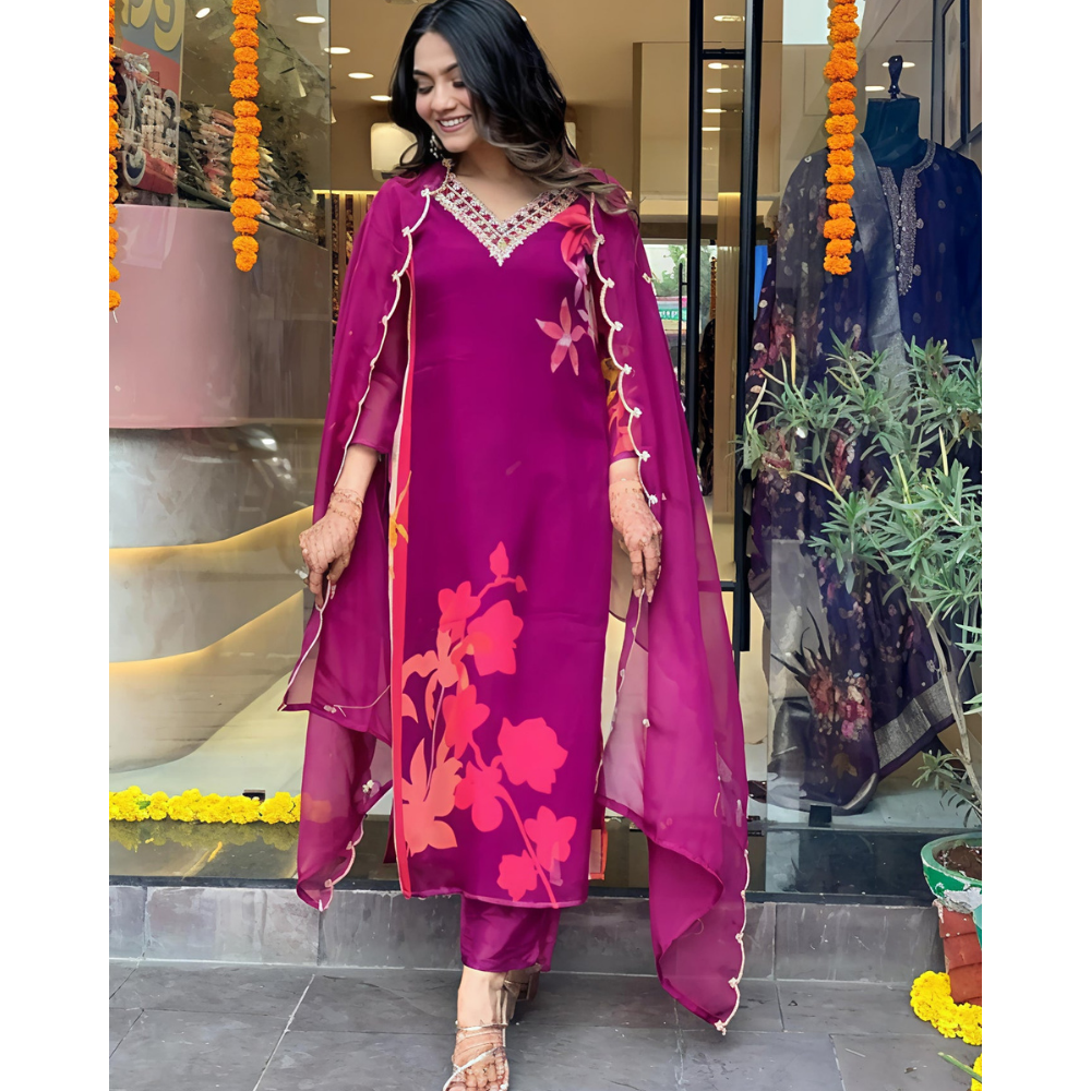 Women's Cotton Blend Straight Printed Kurta with Pant & Dupatta (Pack of 1)