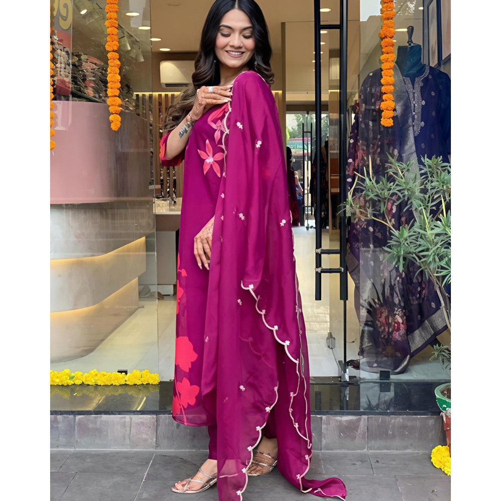 Women's Cotton Blend Straight Printed Kurta with Pant & Dupatta (Pack of 1)