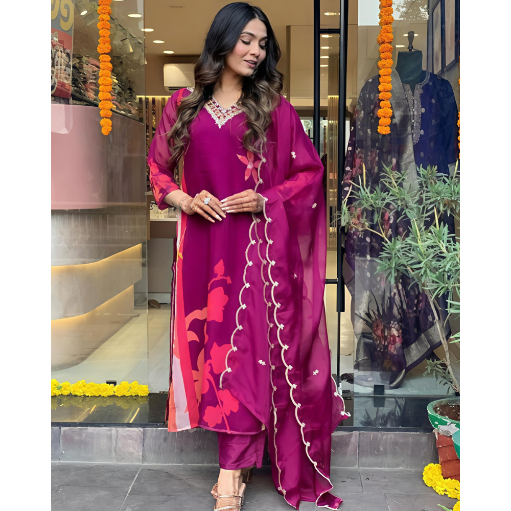 Women's Cotton Blend Straight Printed Kurta with Pant & Dupatta (Pack of 1)